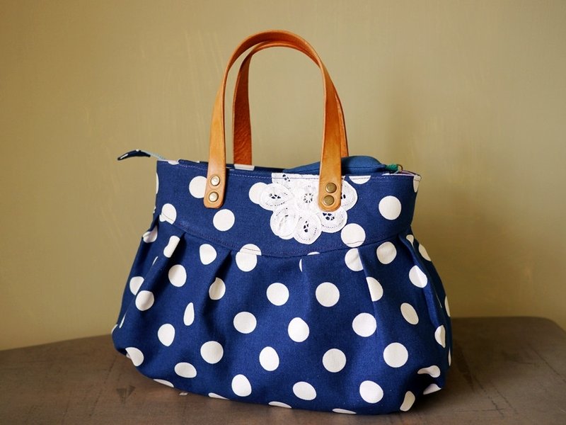 (定制商品)牛皮提把小泡芙包 - 丹宁蓝白波点 - 手提包/手提袋 - 其他材质 蓝色
