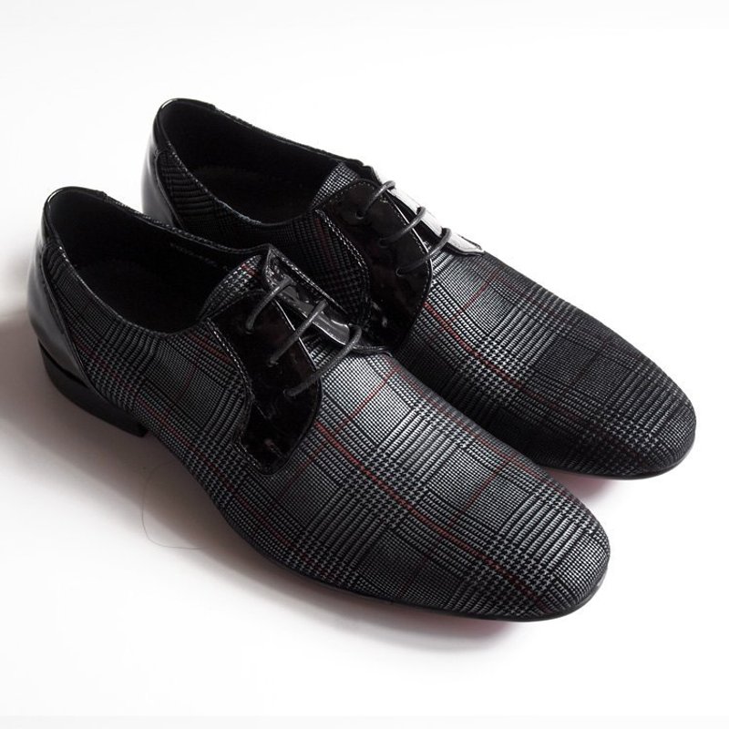 [LMdH]C1A17-95小羊皮漆皮拼接威尔斯王子格纹印花木跟德比鞋·灰色·免运费 - 男款休闲鞋 - 真皮 灰色