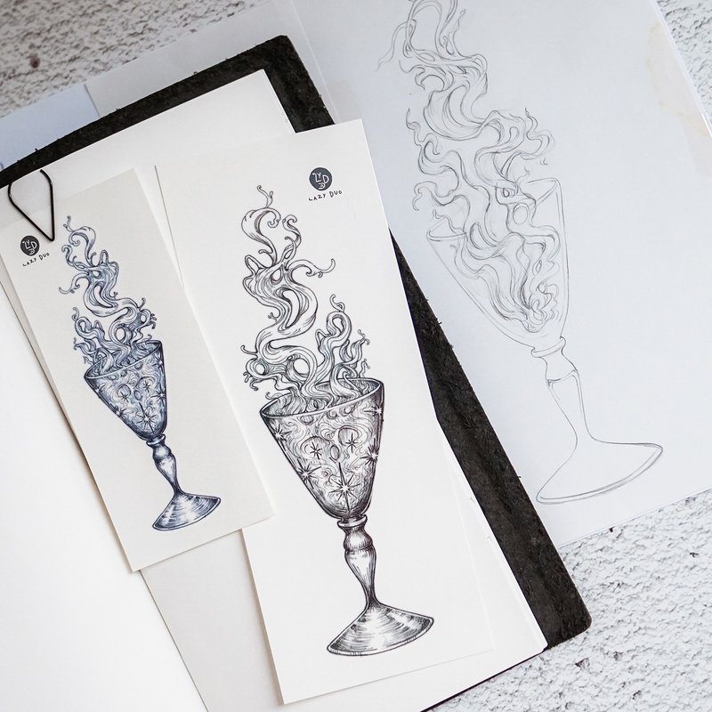 烟杯剌青纹身贴纸 水晶杯插画纹身 夏日饰物 复古 文青 约会 酒杯 - 纹身贴 - 纸 黑色