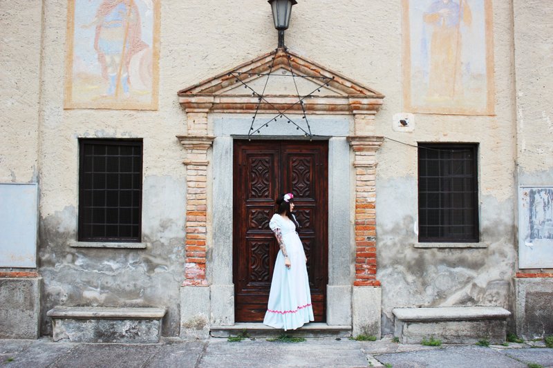 F806(Vintage)绿色精致格纹拼接白色领口袖花绑带设计棉质长版古着洋装 - 洋装/连衣裙 - 其他材质 绿色