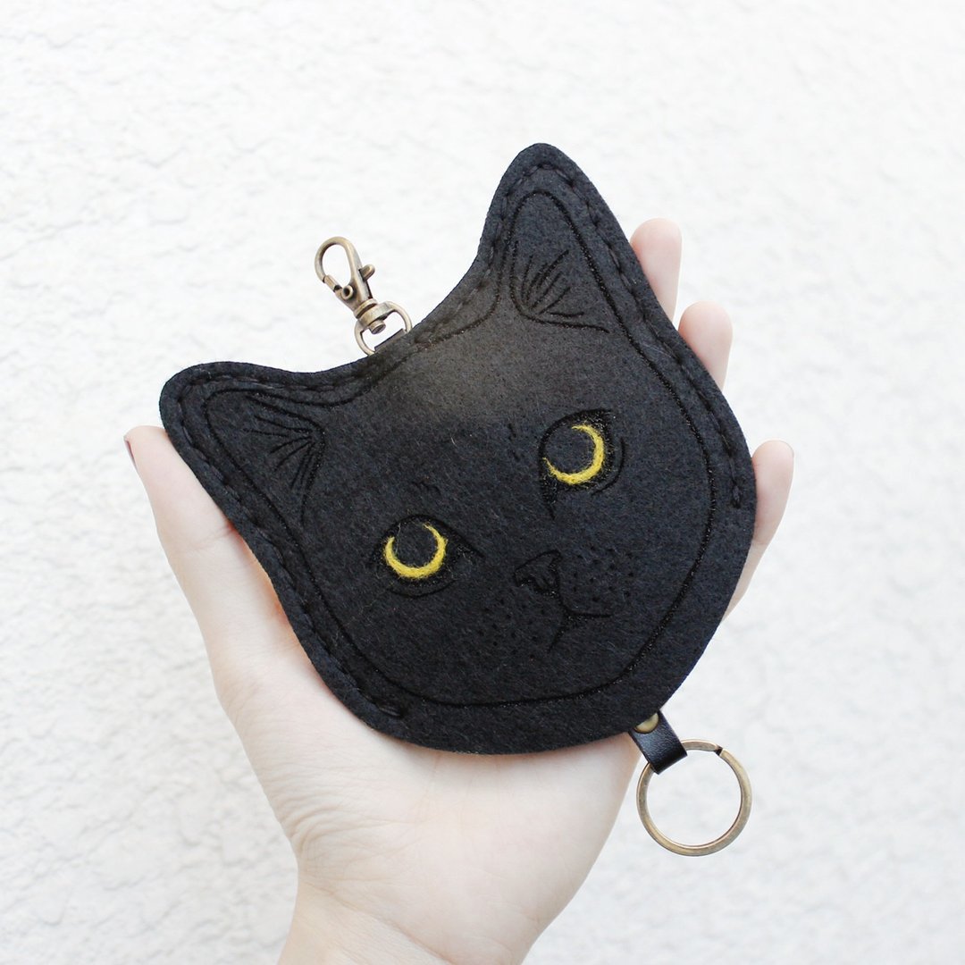 Cat-猫咪系列-钥匙包Key sets/钥匙套/黑猫/ - 钥匙链/钥匙包 - 羊毛 黑色