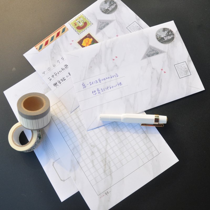 寄思 thinking of you.大理石纹信套组-瑕疵品 - 卡片/明信片 - 纸 白色