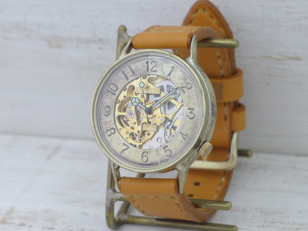 Handcrafted watch HandCraftWatch Self-winding Brass Oversized JUMBO 42mm Roman numeral hand-sewn belt (BAM041 GD / CA hand-sewn) - 女表 - 铜/黄铜 金色