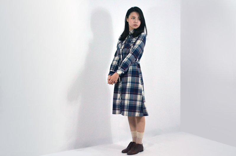 humming-格纹抽洋装-Plaid Drawstring Shirtdress - 洋装/连衣裙 - 其他材质 蓝色