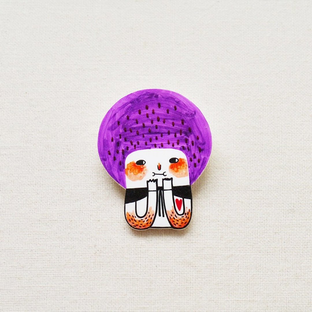 Hetty The Purple Bob Girl / 紫色鲍伯头女孩赫蒂 / 手工制作热缩片 / 胸针磁铁 - 胸针 - 塑料 紫色