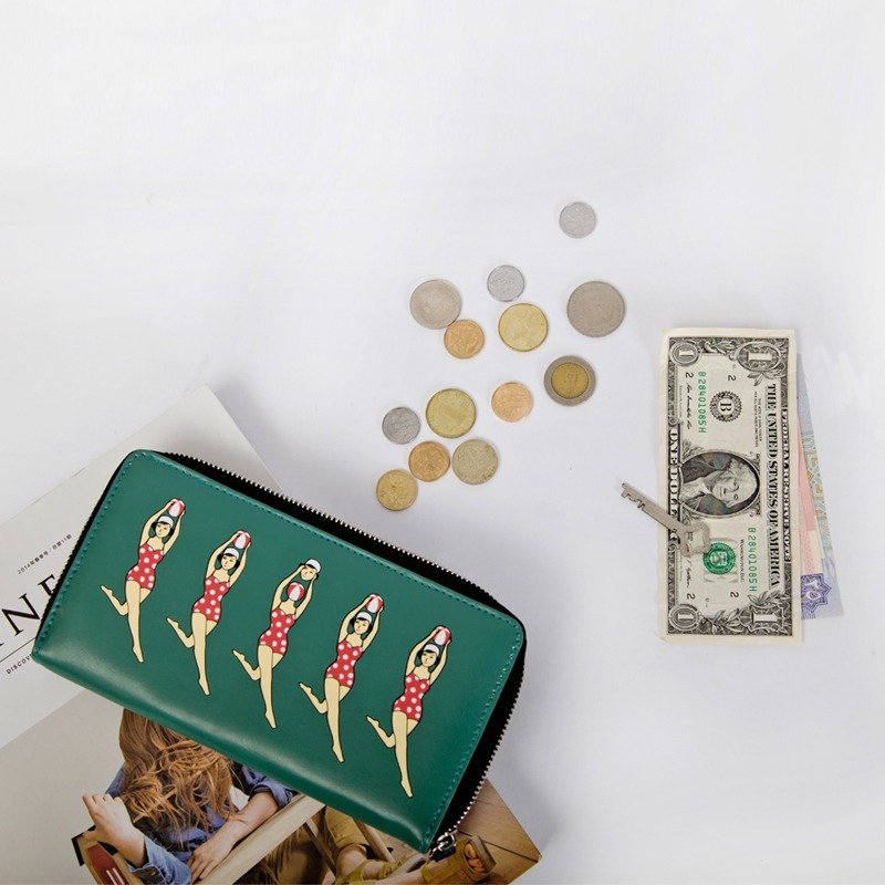 YIZISTORE ladylady系列皮革印花 长钱包-绿色沙滩女孩 - 皮夹/钱包 - 真皮 
