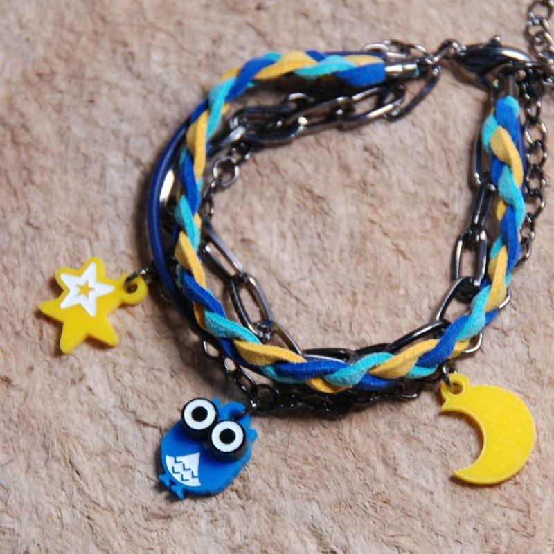 大眼Q版猫头鹰◎/星星/月亮/蓝色系搭黄编绳搭配多层次手链 - 手链/手环 - 塑料 蓝色