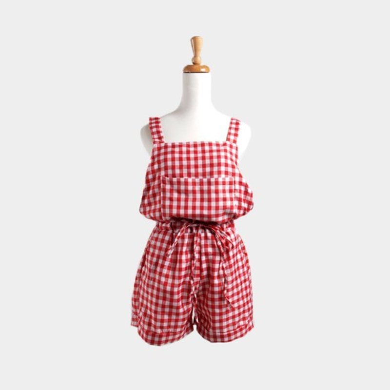 │moderato│独家小红帽口袋野餐格纹吊带裤/休闲 个性 率性 - 背带裤/连体裤 - 其他材质 红色