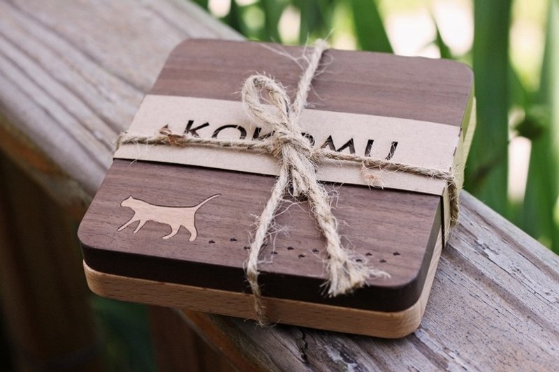 敲敲木-猫狗镶嵌木杯垫 - 杯垫 - 木头 咖啡色