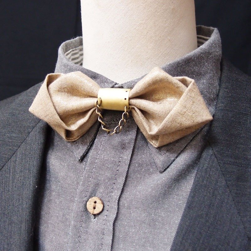 工业风格烫金色造型领结bow tie-可替换两種风格 - 领带/领带夹 - 棉．麻 金色