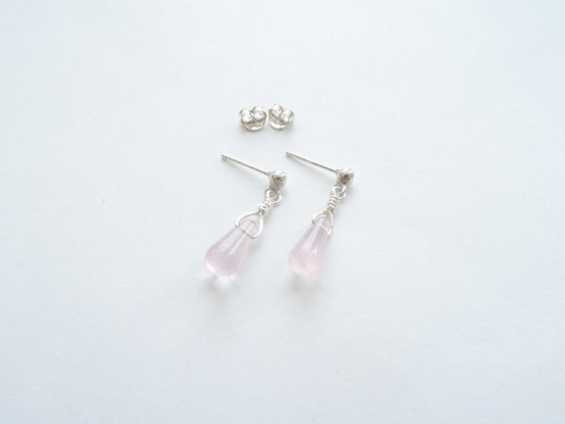 ::Daily Jewels:: 粉晶水滴纯银小垂坠耳针耳环。可改夹式 - 耳环/耳夹 - 水晶 粉红色