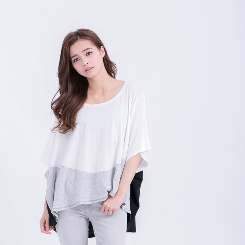 Qbby 蛹形三撞色上衣 / 白灰黑 - 女装上衣 - 棉．麻 白色