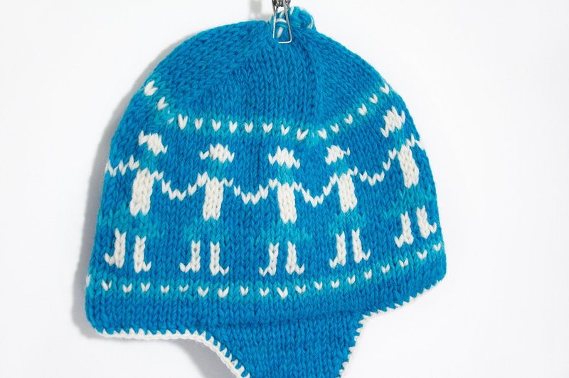 情人节礼物  手工编织纯羊毛帽 / 手工内刷毛毛帽 / 针织毛帽 / 飞行毛帽 - 手牵手转圈圈 - 帽子 - 其他材质 蓝色