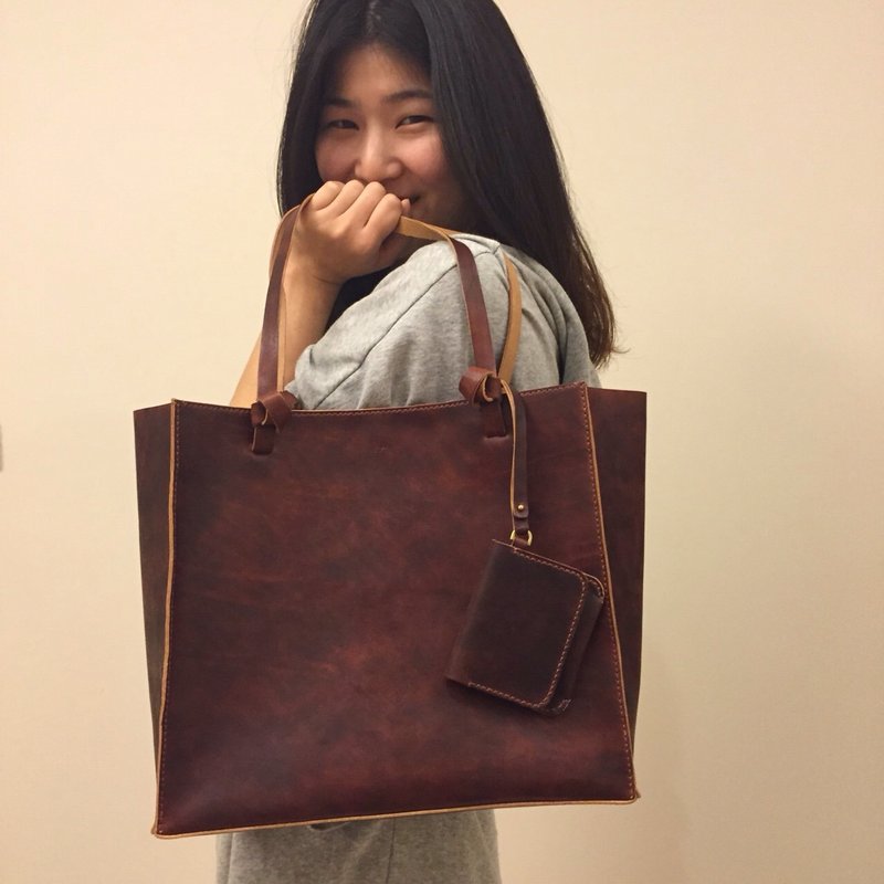 HNLeather 简约系列 酒红托特子母包 - 侧背包/斜挎包 - 真皮 红色