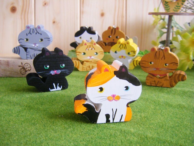 手绘胖猫咪钥匙圈/定制 - 钥匙链/钥匙包 - 木头 多色