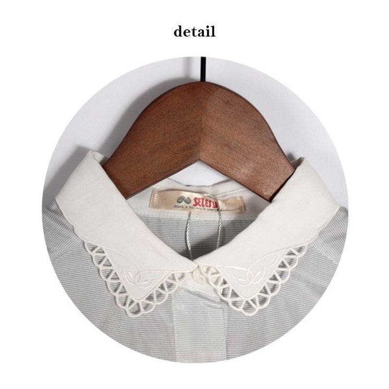 │moderato│气质镂空刺绣领清爽条纹日本制古着衬衫/优雅女孩 - 女装衬衫 - 其他材质 白色