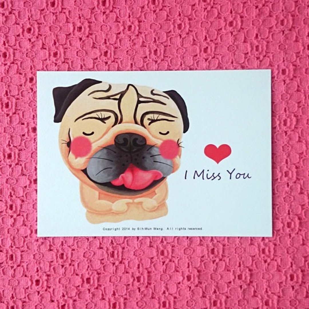 I Miss You 巴哥明信片 - 卡片/明信片 - 纸 白色
