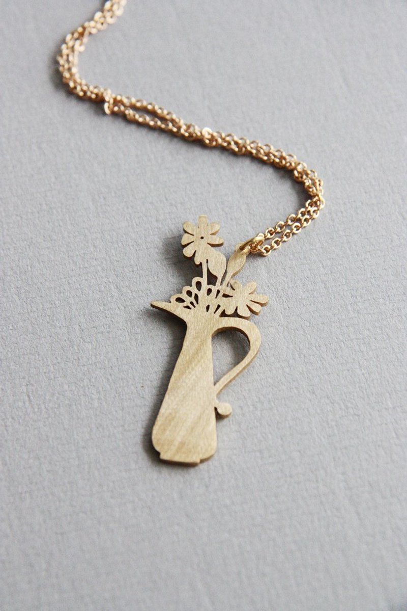 Flowers in Vase Illustration Pendant/ Necklace - 项链 - 其他金属 金色