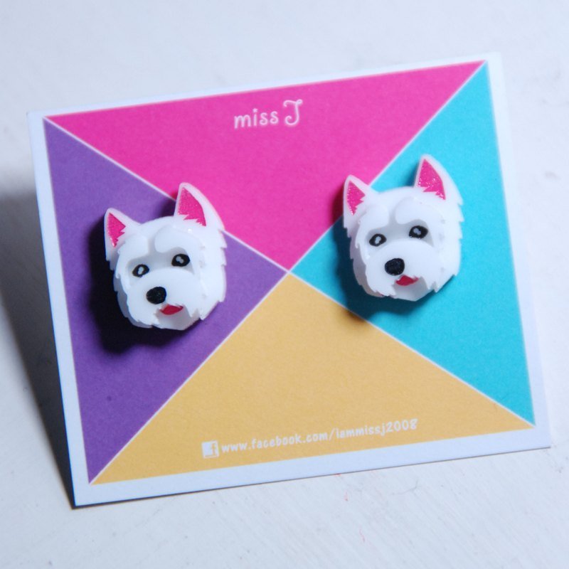 西沙狗狗/西高地白梗/毛小孩系列/抗过敏钢针/可改夹式 - 耳环/耳夹 - 塑料 白色