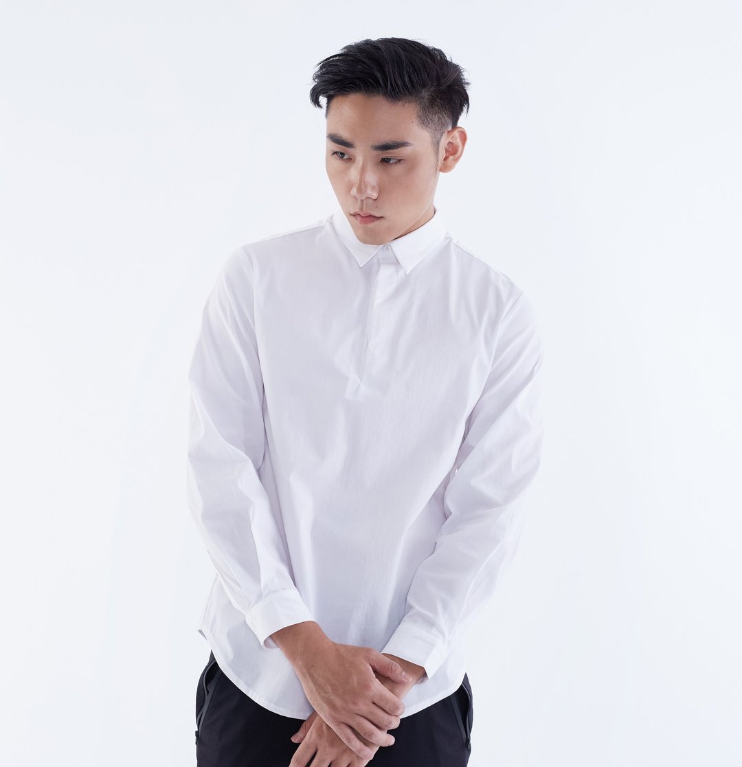 TRAN - 半门襟藏扣衬衫 - 男装衬衫 - 棉 白色