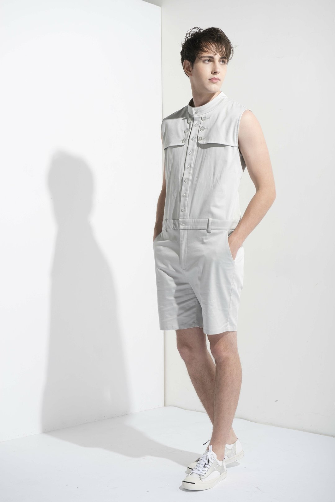 Sevenfold * Stand Collar Flap Jumpsuit (Light Gray) 立领活片连身裤(浅灰) - 背带裤/连体裤 - 棉 