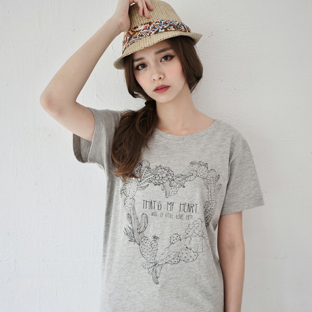 SUMI♡爱心仙人掌♡女款男朋友T_3SF008_麻花灰 - 女装 T 恤 - 棉 灰色
