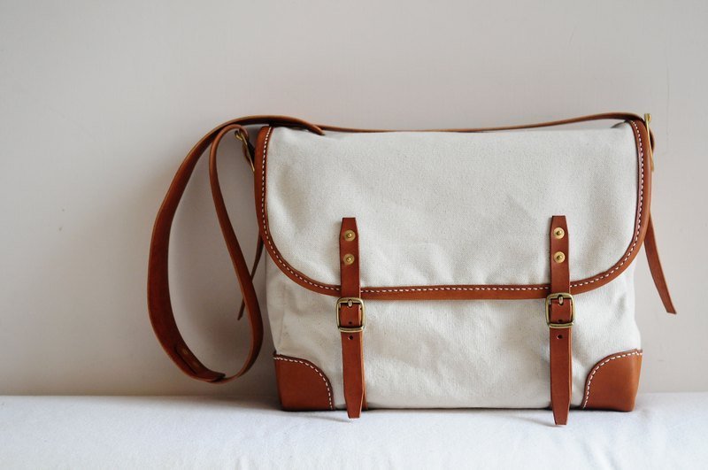 手工进口植鞣牛革帆布包/ 邮差包 - 电脑包 - 真皮 