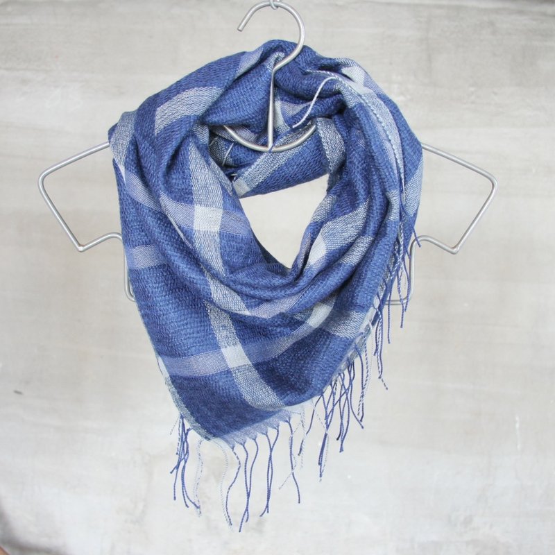羊毛 格纹 流苏 大方巾-蓝灰格 - 丝巾 - 其他材质 蓝色