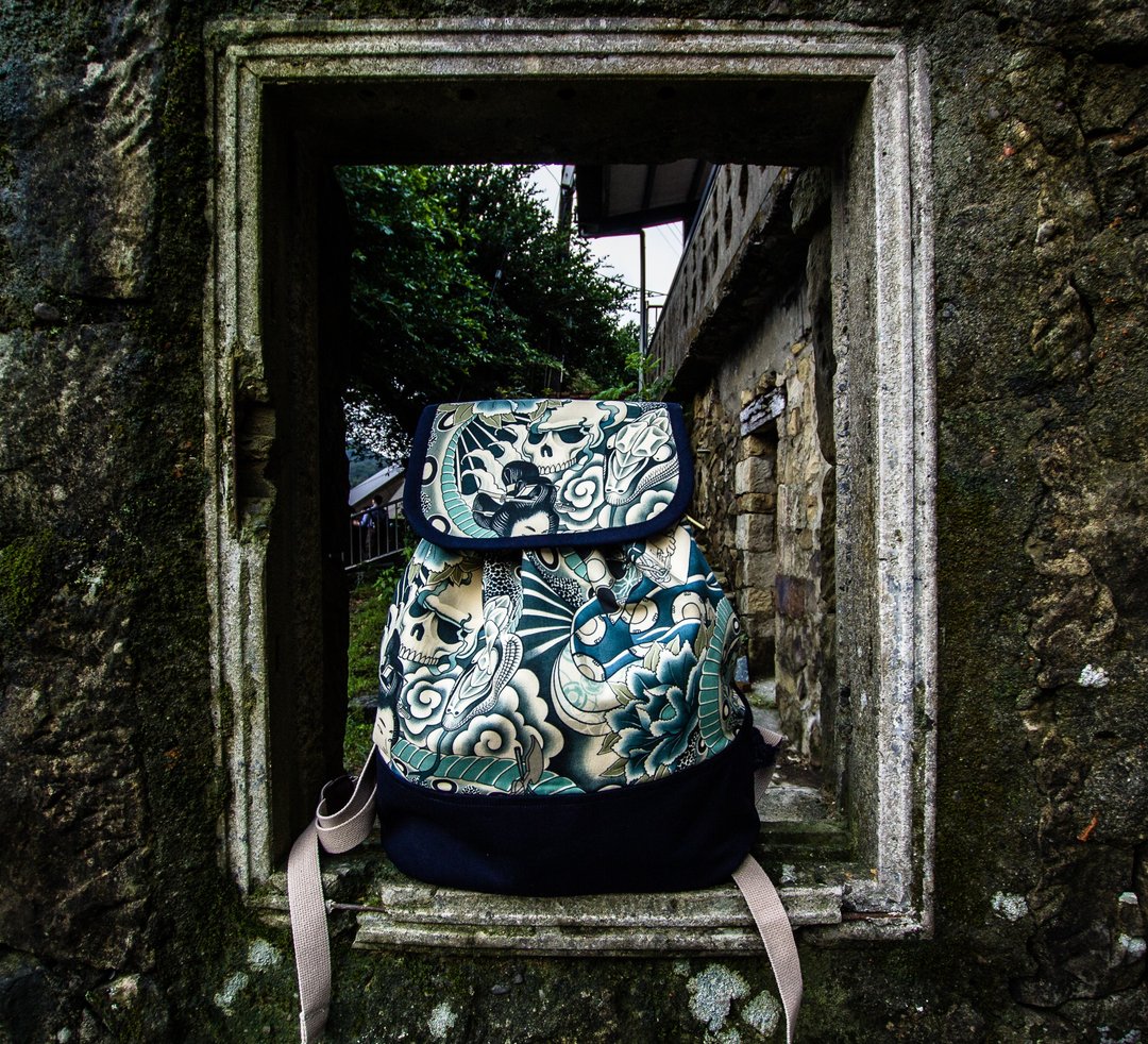 Pu．Leimi日系手作 美国制特殊印花限定-日式Tattoo/束口后背包-/束口袋/后背包 - 后背包/双肩包 - 其他材质 蓝色