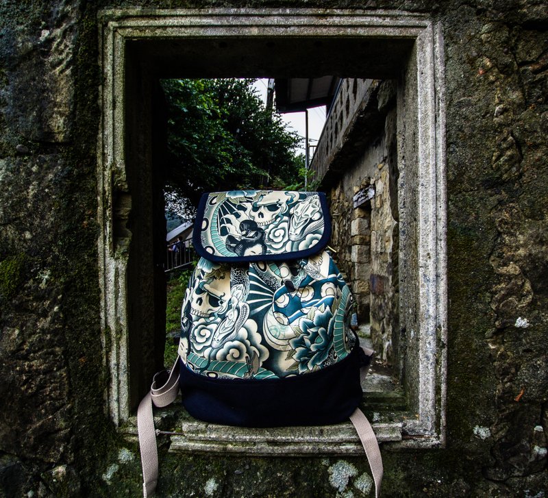 Pu．Leimi日系手作 美国制特殊印花限定-日式Tattoo/束口后背包-/束口袋/后背包 - 后背包/双肩包 - 其他材质 蓝色
