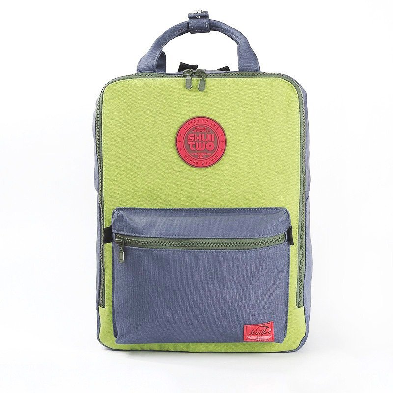 [SKUllTWO BAG] 灰蓝+苹果绿拼接 / 帆布后背包 / 附防尘袋 - 后背包/双肩包 - 其他材质 绿色