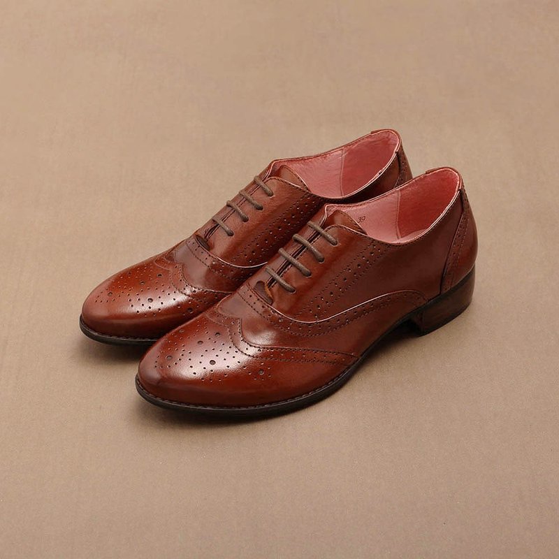 e'cho．爵士女伶英伦雕花系带绅士牛津鞋║Ec03典雅红 - 女款牛津鞋/乐福鞋 - 真皮 红色