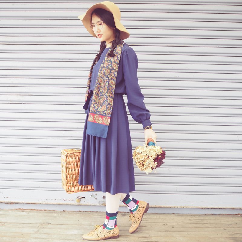 优雅深蓝圆领洋装 - 洋装/连衣裙 - 丝．绢 蓝色