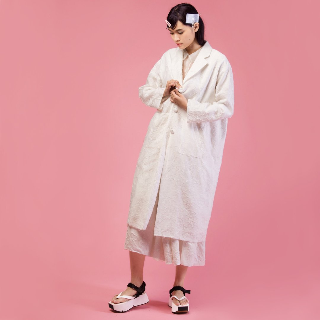 tan-tan / 白色提花长大衣 - 女装休闲/机能外套 - 其他材质 白色
