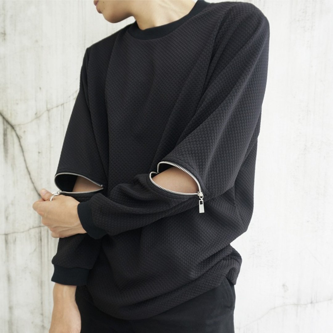 'Sebastian' Long Sleeve Zipper Top - BLACK - 男装针织衫/毛衣 - 聚酯纤维 黑色