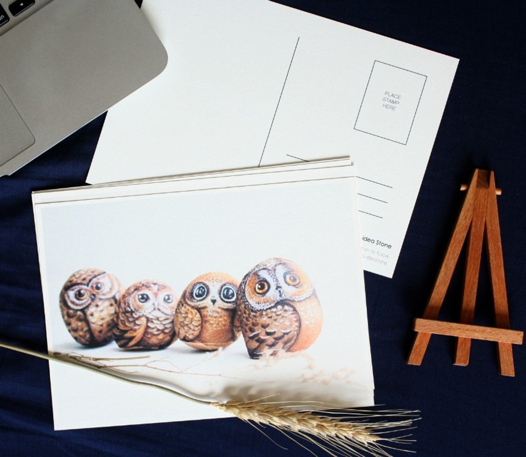 3 种可爱动物石头插画明信片 - 卡片/明信片 - 纸 多色