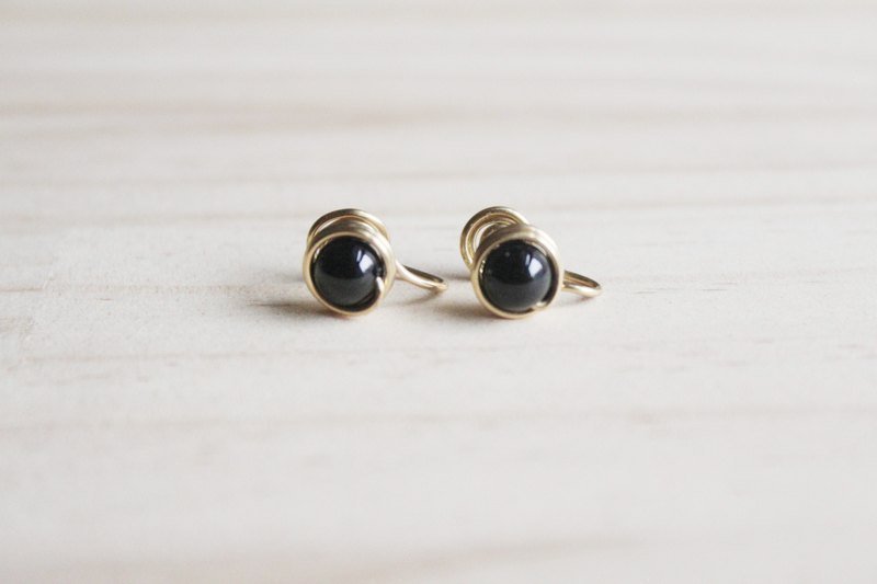 【Emerald.3】黑玛瑙金边耳夹/耳针耳环 （坚毅之石） - 耳环/耳夹 - 宝石 黑色