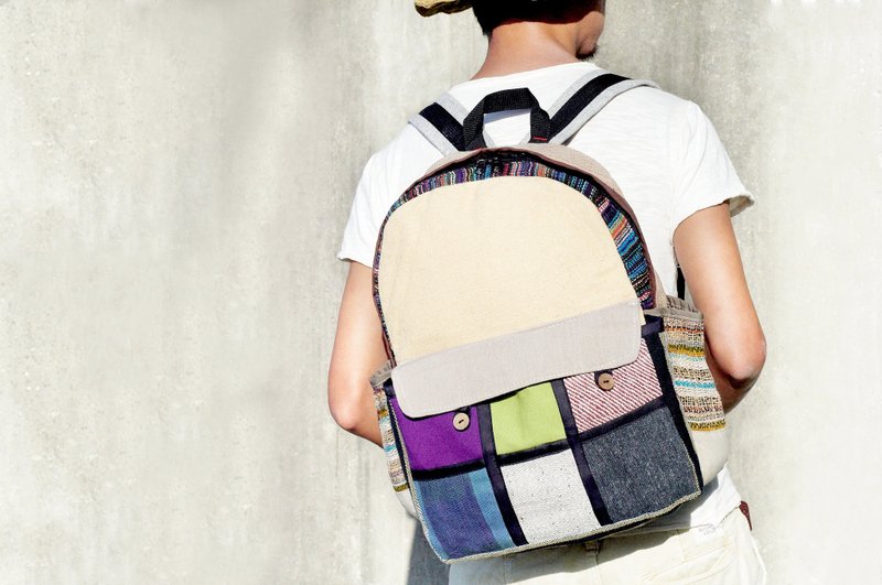 情人节礼物 手工棉麻拼接设计后背包 / 肩背包 / 登山包 / 旅行包 - 缤纷拼接公路旅行风 ( 限量一件 ) - 后背包/双肩包 - 棉．麻 多色