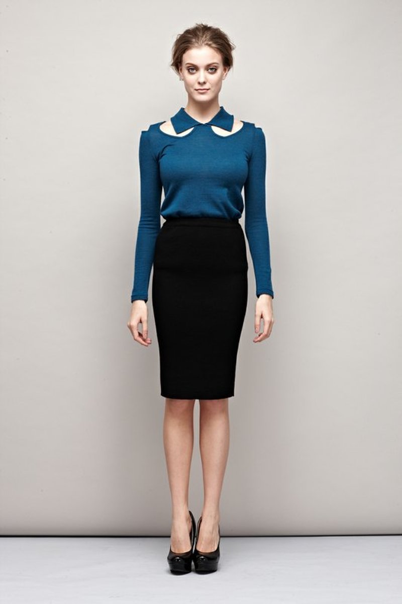 【换季特卖】蓝色折领裸空针织毛衣 - 女装针织衫/毛衣 - 羊毛 蓝色