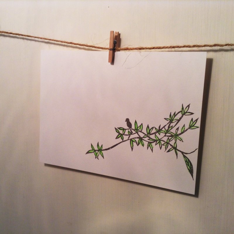 刻印明信片。树梢鸟。日系。简约 - 卡片/明信片 - 纸 灰色