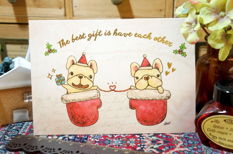 爱的手套-法斗圣诞烫金明信片 - 卡片/明信片 - 纸 红色