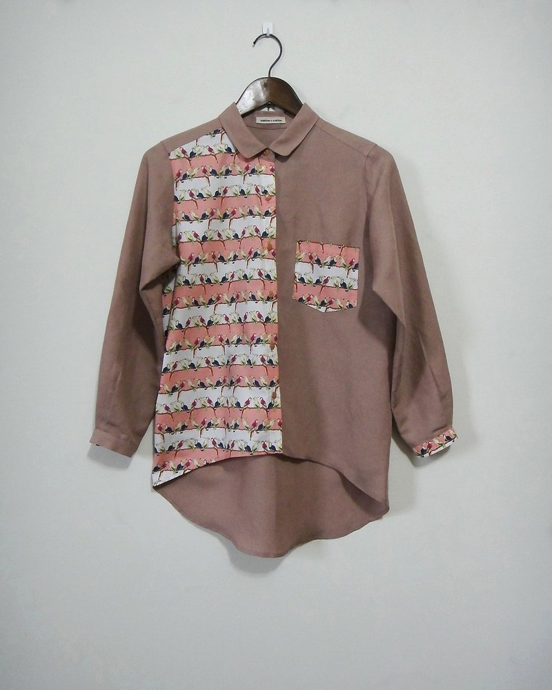 【Addition X Addition_手作．拼贴鹦鹉．棉麻衬衫】 - 女装衬衫 - 其他材质 红色