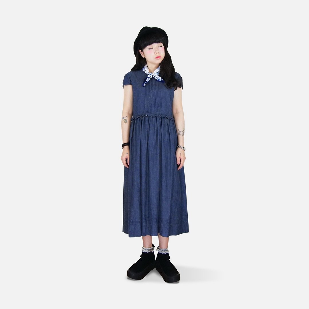 A·PRANK :DOLLY :: 复古着VINTAGE小包袖折纸荷叶小花边合身古着牛仔洋装 - 洋装/连衣裙 - 其他材质 黑色
