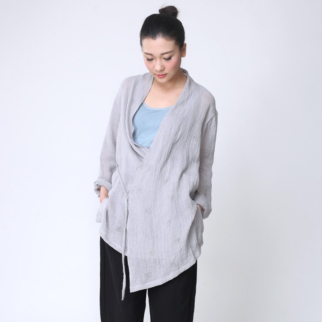 不服 皱麻镂花亚麻開衫 禪風防曬開衫  煙灰  SH141205 - 女装上衣 - 棉 灰色