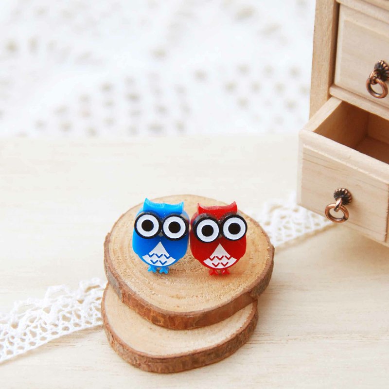 Q版猫头鹰/红色+蓝色/抗过敏钢针/可改夹式 - 耳环/耳夹 - 压克力 红色