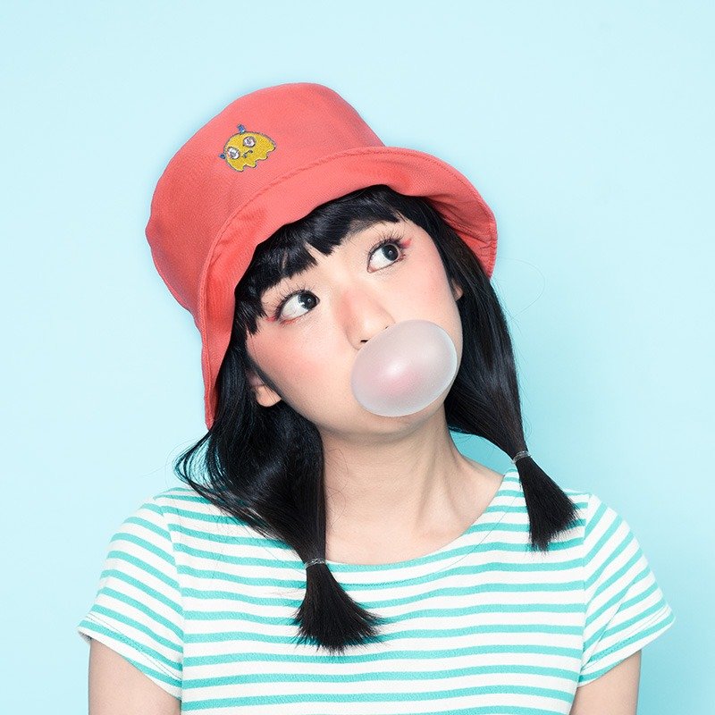 粉橘色小怪物插画电绣渔夫帽 - 帽子 - 棉．麻 粉红色