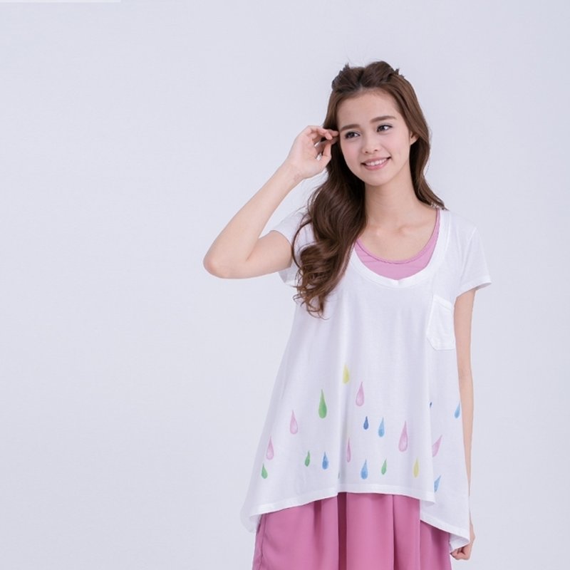 彩虹雨滴 伞摆女T 纯白 - 女装上衣 - 棉．麻 白色