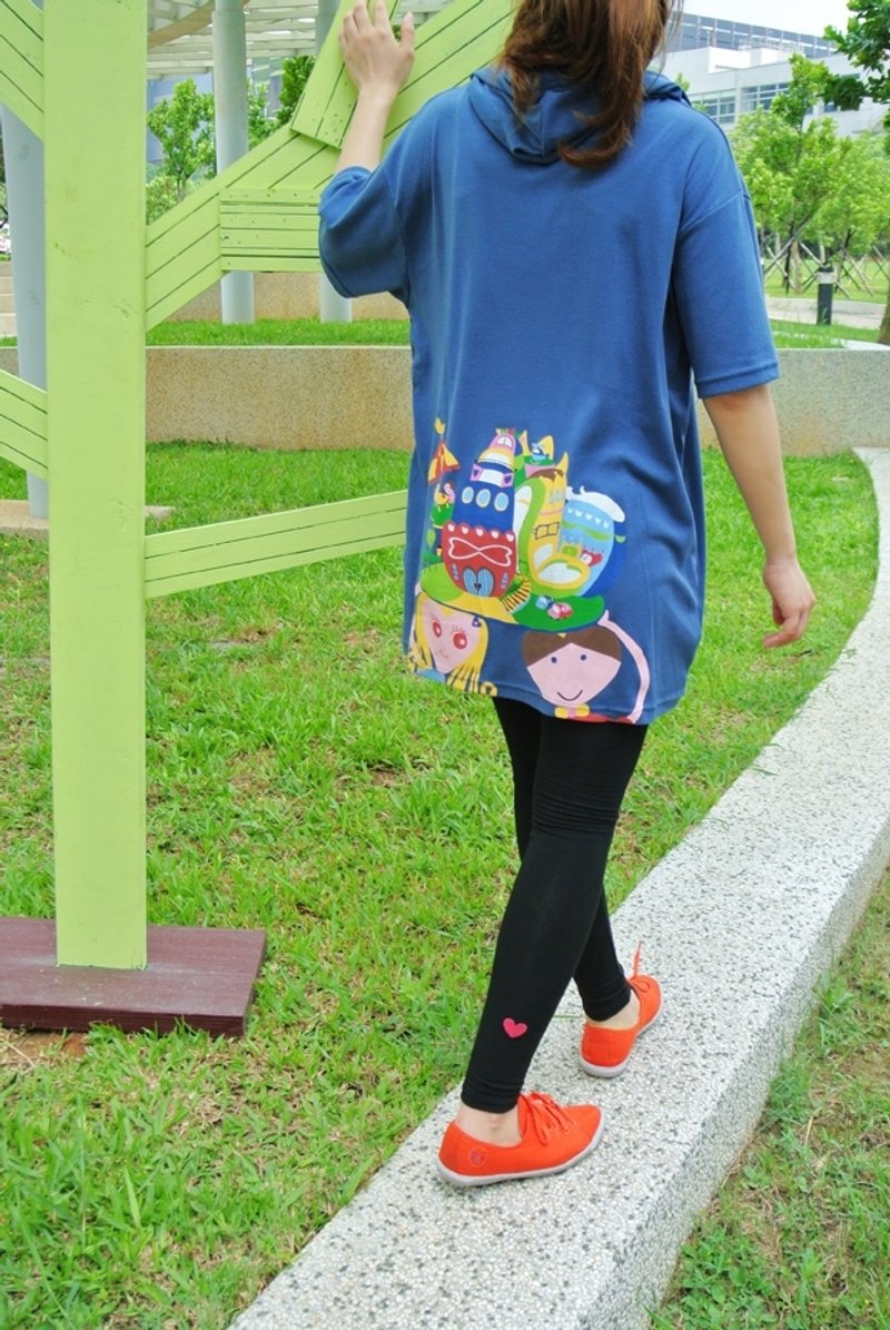 LOVE FAMILY-BLUE 情侣短袖帽T - 男装上衣/T 恤 - 棉．麻 蓝色