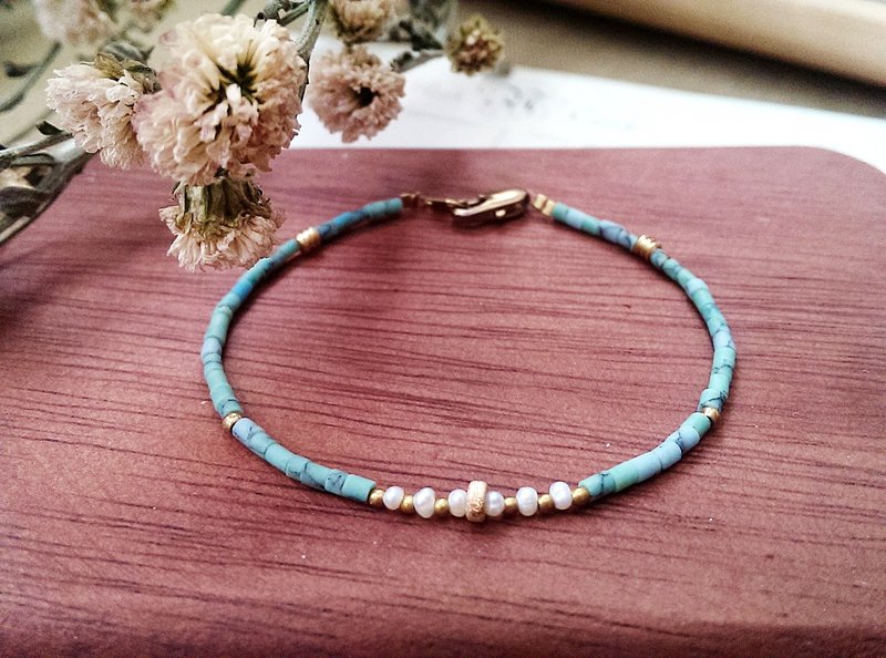 细致磨砂金珠、古董松石、天然淡水珍珠　✄  黄铜 手链 手环 - 手链/手环 - 其他材质 蓝色