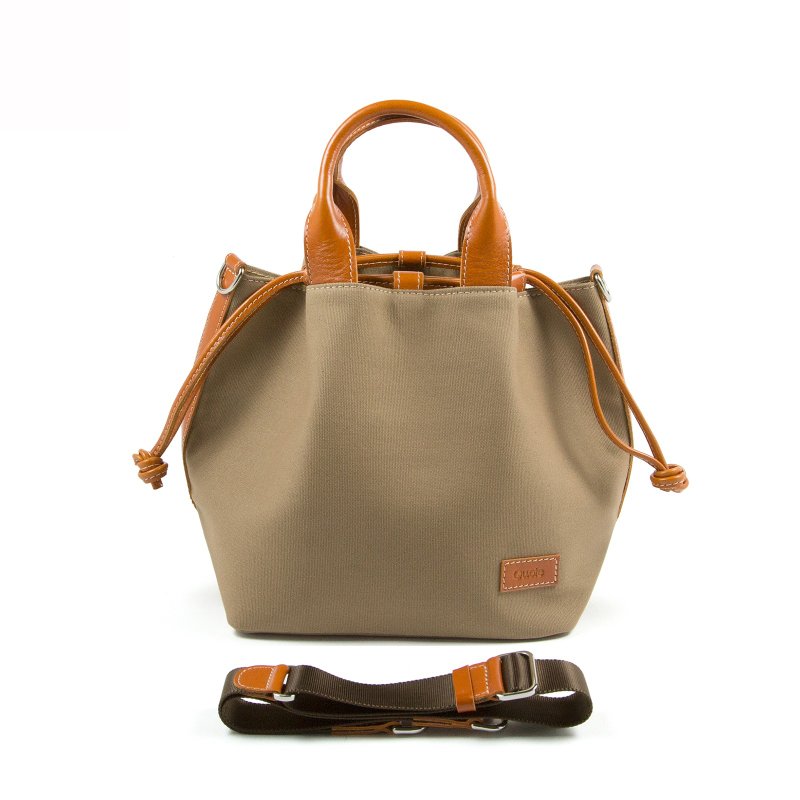 桶形皮革帆布包-- 卡其色 - 侧背包/斜挎包 - 真皮 咖啡色